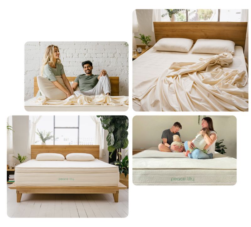 Collage of people relaxing on Peace Lily mattresses, bedding and pillows